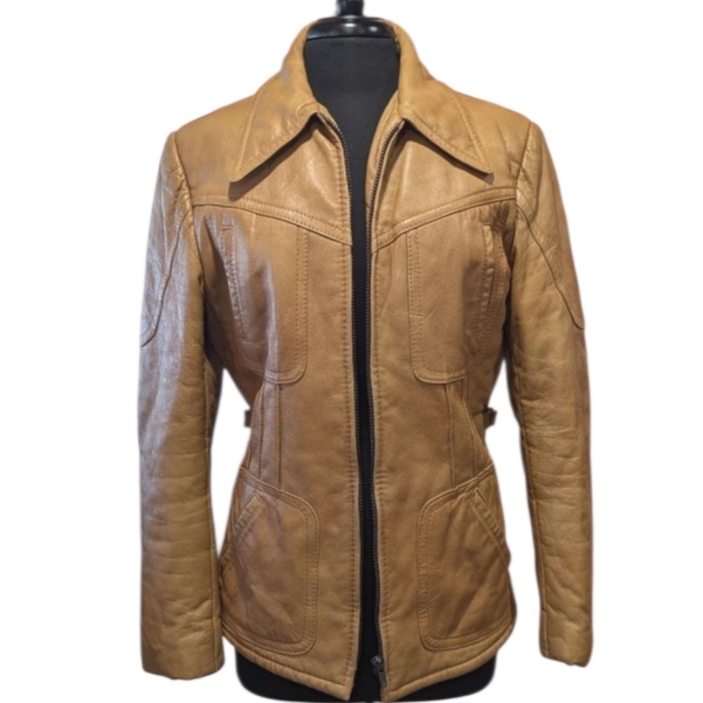 Vintage Tan Leather Zip Front Jacket